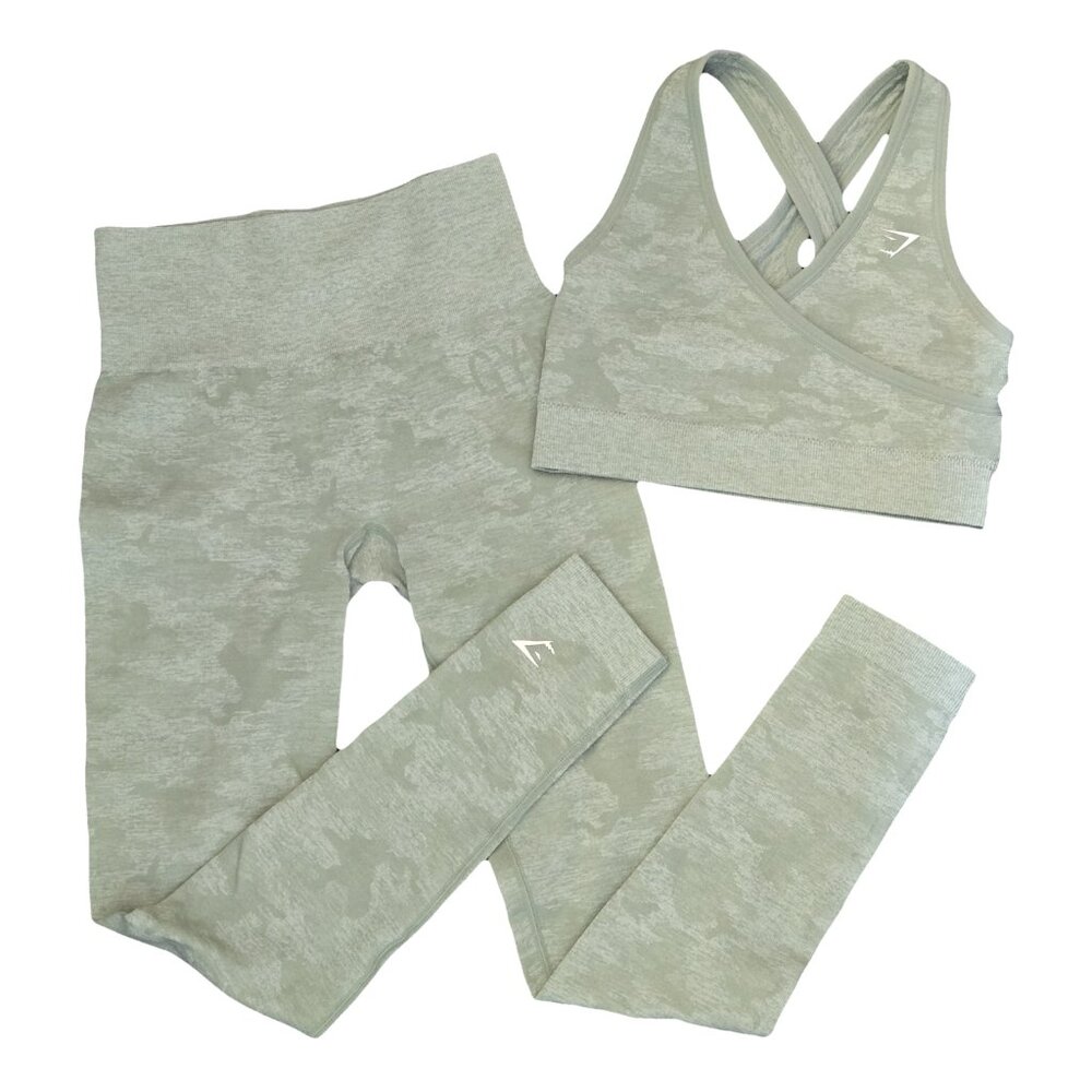 GYMSHARK Pale Green Camo Workout Set XS